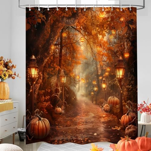 Fall Pumpkins Shower Curtain，Halloween Autumn Thanksgiving Harvest Forest Rural Trail Bathroom Decor，60 x 72 Inch Polyester Fabric Waterproof Bathroom Curtain with Hooks