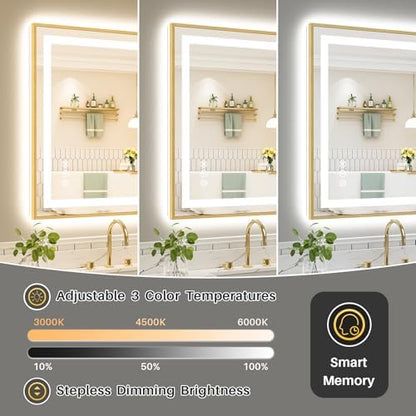 44x36 Inch LED Bathroom Mirror with Gold Frame, Backlit & Front Lit