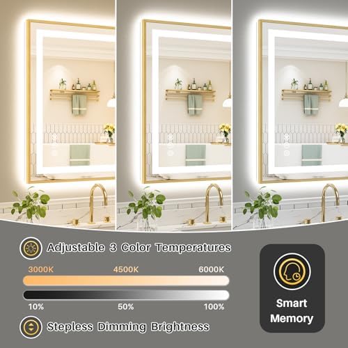 88x38 Inch LED Bathroom Mirror with Gold Frame, Backlit & Front Lit