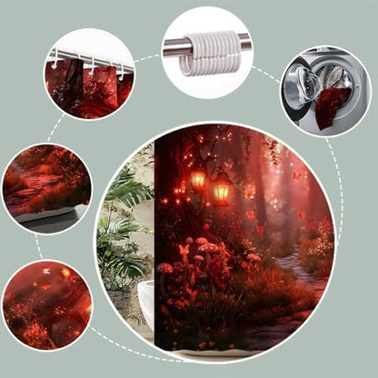 Fantasy Forest Path Shower Curtain Red Fairy Magical Enchanted Misty Jungle Mushroom Floral Tree Butterfly Lantern Wonderland Bath Curtain Fabric Bathroom Accessories Decor with Hooks 84W x70L