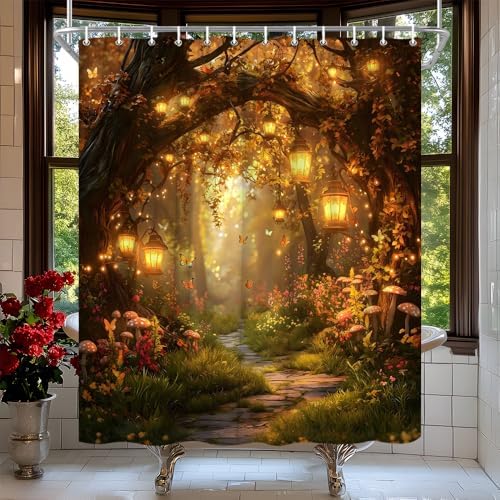 Fantasy Forest Path Shower Curtain Fall Fairy Magical Enchanted Misty Jungle Mushroom Floral Tree Butterfly Lantern Wonderland Bath Curtain Fabric Bathroom Accessories Decor with Hooks 55W x70L