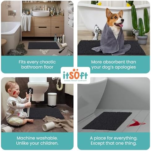 ITSOFT Small Plush Bathroom Rug 25"x18", Absorbent Machine Washable Non Slip Chenille Bath Mats, Quick Dry Bathmat, Bath Rugs for Bath, Shower, Bedroom, or Door Mat, Black