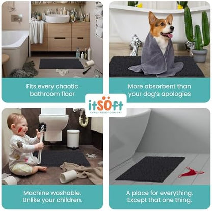 ITSOFT Small Plush Bathroom Rug 25"x18", Absorbent Machine Washable Non Slip Chenille Bath Mats, Quick Dry Bathmat, Bath Rugs for Bath, Shower, Bedroom, or Door Mat, Black