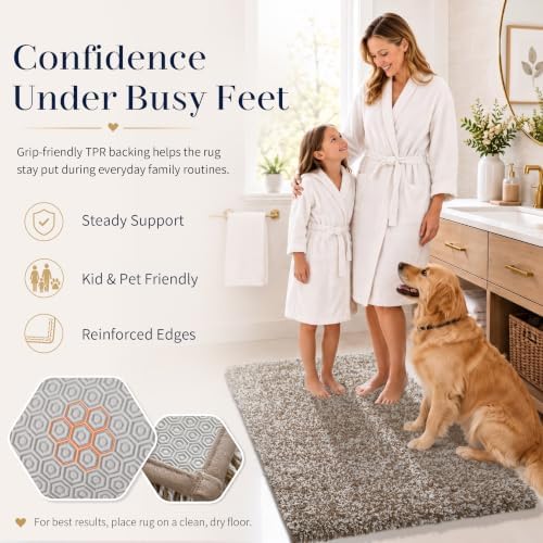 Yimobra Bathroom Rugs Non Slip Washable, Ultra Soft and Water Absorbent Bath Mats, Plush Fluffy Shower Mat Outside, Microfiber Thick Matts for Bathroom Floor/Sink, 24X17, Light Brown and White
