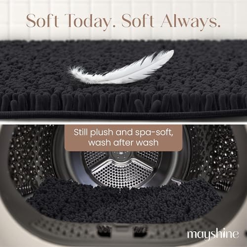 MAYSHINE Large Plush Shaggy Chenille Bath Mat 39"x24"| Extra Soft, Super Absorbent, Non-Slip Bathroom Rug | Fluffy Microfiber, Area Rug Sets for Bathroom Floor, Kitchen, Living Room| Black