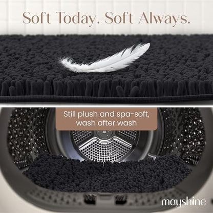 MAYSHINE Small Plush Shaggy Chenille Bath Mat 24"x17"| Extra Soft, Super Absorbent, Non-Slip Bathroom Rug | Fluffy Microfiber, Area Rug Sets for Bathroom Floor, Kitchen, Living Room | Black