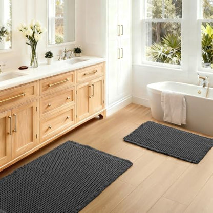 JIUZHEN Set of 2 Waffle Bath Mats Boho Bath Rugs 16"x24"+20"x32", Black