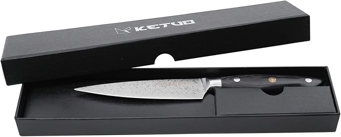 Ketuo Professional Chef Knife Damascus Carbon Steel with Laser Pattern Blade and Black Pakka Wood (5 Inch Utility Knife)