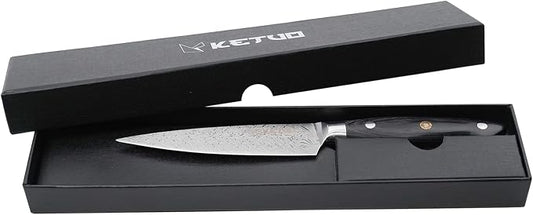 Ketuo Professional Chef Knife Damascus Carbon Steel with Laser Pattern Blade and Black Pakka Wood (5 Inch Utility Knife)