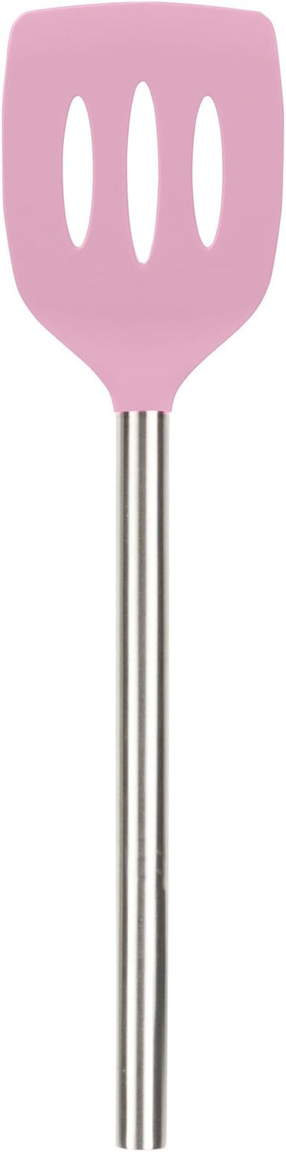 Tovolo Slotted Silicone Spatula Turner Slotted Stainless Steel Handle 10" Pink Sorbet Heat Resistant Non Toxic BPA Free Kitchen Utensil, Silicone Egg Pancake Flipper Metal Handle Turner for Cooking