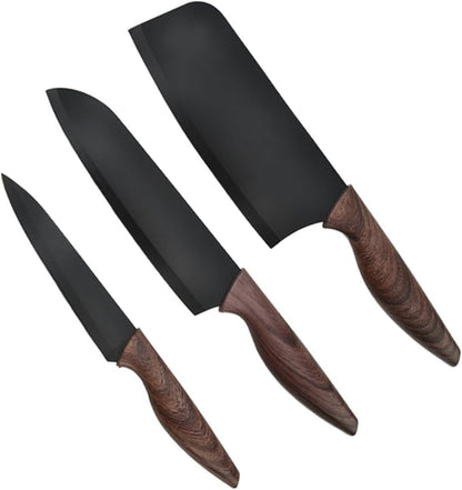 3-Piece Black Non-Stick Kitchen Knife Set, Rust Resistant Stainless Steel Chef Slicing Paring Knives, Comfort Wood Handle Cutlery for Home Camping BBQ, Housewarming Cooking Gift