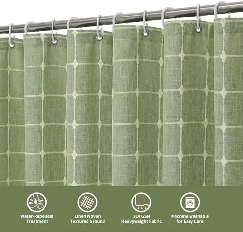 Boho Farmhouse Classic Plaid Linen Tassel Shower Curtain Sage Green,72x72