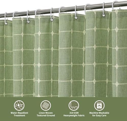 Boho Farmhouse Classic Plaid Linen Tassel Shower Curtain Sage Green,72x72