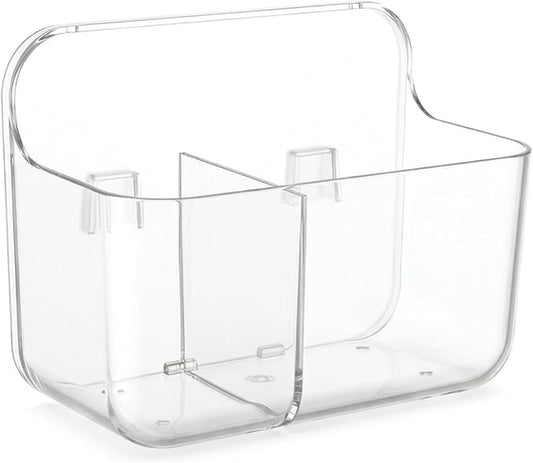 No-Drill Wall Storage Basket – 2-Compartment Clear Acrylic Organizer Bin with Strong Adhesive, Easy to Install & Remove, Waterproof Shelf for Kitchen, Bathroom, Cabinet – Sandra Series
