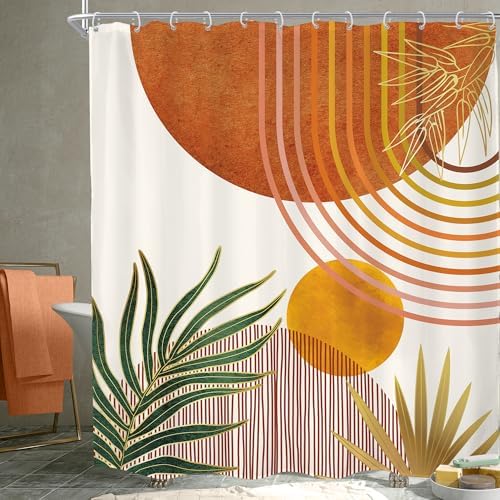 Mid Century Orange Boho Abstract Retro Gold Bathroom Shower Curtain Set