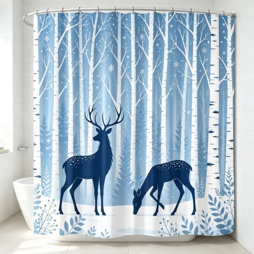Deer Birch Tree Shower Curtain Winter Woodland Forest Bath Curtain 60x70in