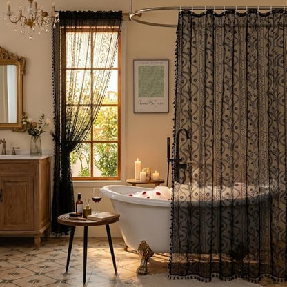 WAZZIO Black Lace Shower Curtain - Vintage Pretty Floral Sheer Shower Curtains Goth, Decorative Tassel Bath Curtains for Bathroom, 72 x 72 Inch, 1 Panel