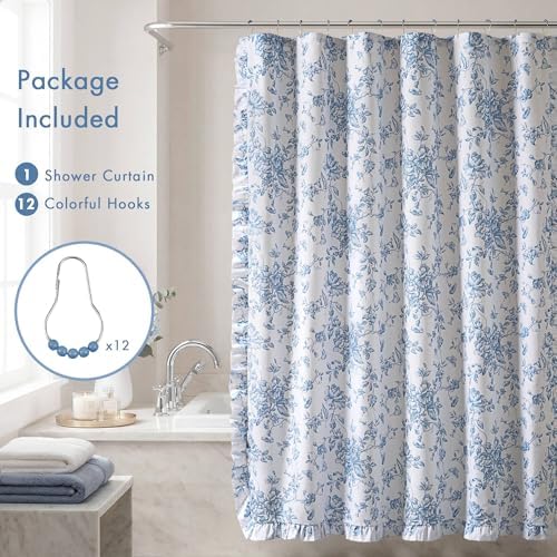 Madison Park Adele Floral Ruffle Shower Curtain Set, Blue, 72x84