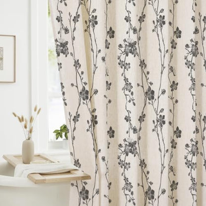 Dark Grey Farmhouse Linen Shower Curtain, Boho Floral Fabric, 72 x 84