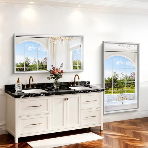 30x55 Silver Bathroom Mirror, Brushed Silver Rectangular Mirror for Wall, 0.6" Thickened Deep Frame Mirrors for Bathroom Sink, Shatterproof Tempered Glass, Antirust, Horizontally or Vertically