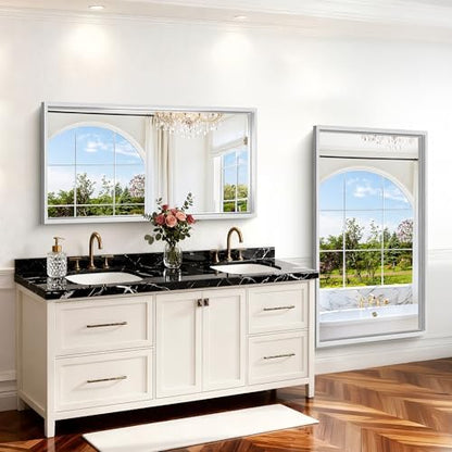 30x55 Silver Bathroom Mirror, Brushed Silver Rectangular Mirror for Wall, 0.6" Thickened Deep Frame Mirrors for Bathroom Sink, Shatterproof Tempered Glass, Antirust, Horizontally or Vertically