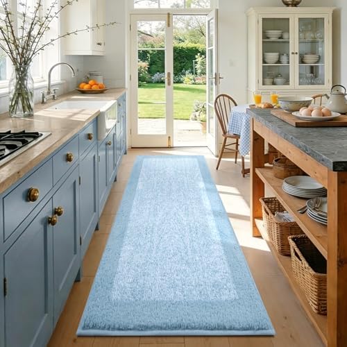 60x24 Bathroom Rugs Non Slip Washable, Soft Absorbent Bath Mat Light Blue