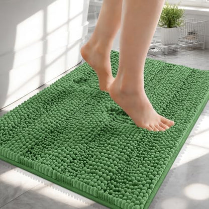 OLANLY Thick Small Bathroom Rugs 24x16, Chenille Bath Rugs, Olive Green