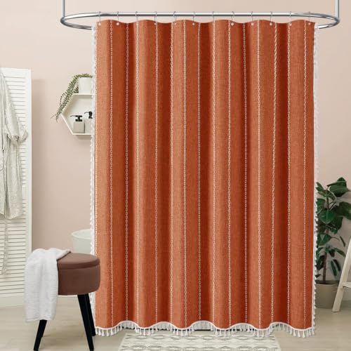 BTTN 54 x 72 Boho Linen Heavy Duty Cloth Shower Curtain Set, Burnt Orange
