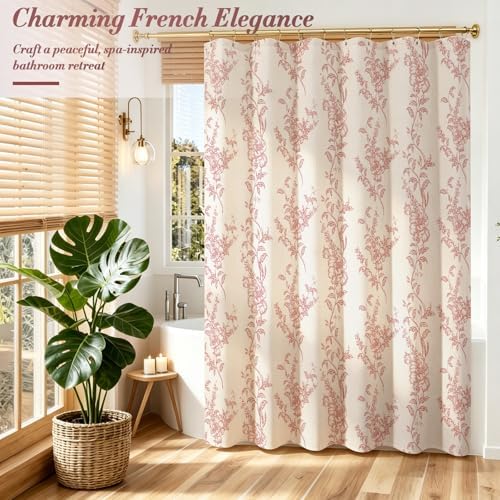 Red Linen Farmhouse Shower Curtain, Boho Floral Bathroom 36x72