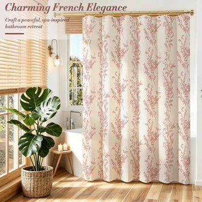 Red Linen Farmhouse Shower Curtain, Boho Floral Bathroom 36x72