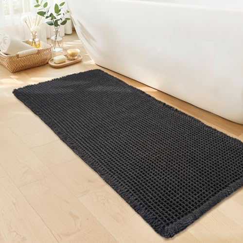 Long Black Bathroom Rug, Waffle Bath Mat Runner Non Slip, 24 x 60