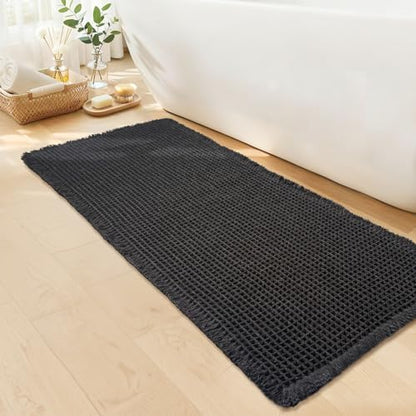 Long Black Bathroom Rug, Waffle Bath Mat Runner Non Slip, 24 x 60