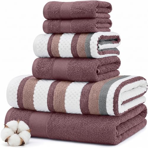 Modern Threads 6 Piece Bath Towel Set – Bathroom Towel Set with 2 Bath Towels, 2 Hand Towels & 2 Washcloths – 100% Cotton, Soft & Absorbent – Wide Stripe (Rose)