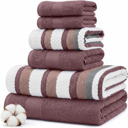 Modern Threads 6 Piece Bath Towel Set – Bathroom Towel Set with 2 Bath Towels, 2 Hand Towels & 2 Washcloths – 100% Cotton, Soft & Absorbent – Wide Stripe (Rose)