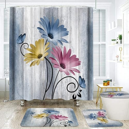 Onalasyc 4PCS Hot Pink Daisy Bathroom Sets with Shower Curtain and Rugs