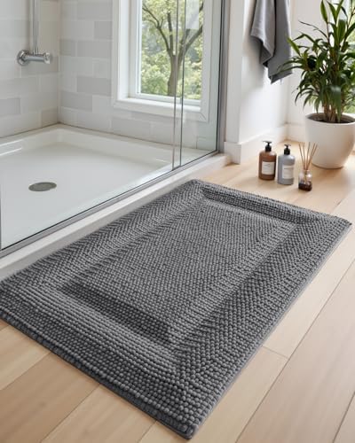 DEXI Bathroom Rugs 32x20, Non Slip Washable Chinelle Bath Mat, Dark Grey