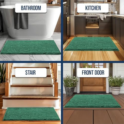 Muddy Mat Chenille Bathroom Rugs Quick Dry Microfiber Mats Non Slip Washable, Extra Thick, Soft and Highly Absorbent Bath Mats for Bathroom, Kitchen, and Shower Floor - Dark Green Small 28"X18"