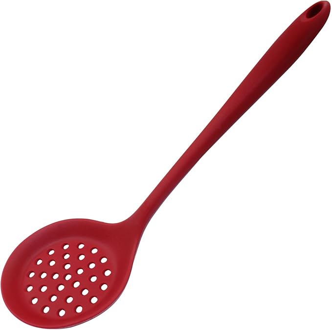Hordion 1 Pcs Silicone Slotted Spoon, Red Strainer Spoon Non Stick Silicone Skimmer Heat Resistant Cooking Spoon