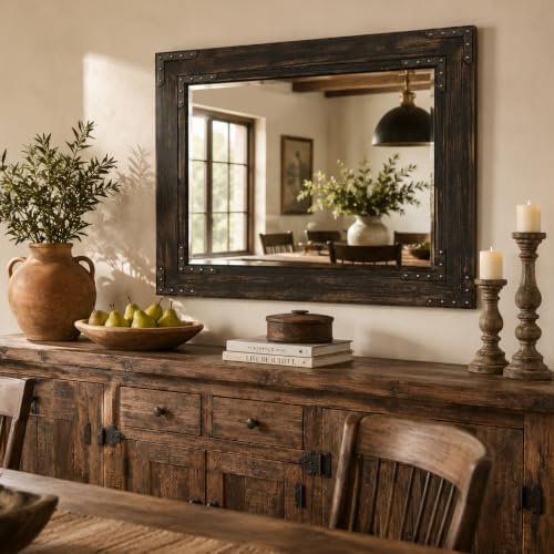 Rustic Black 30x40 Inch Wood Bathroom Vanity Mirror, Rivets