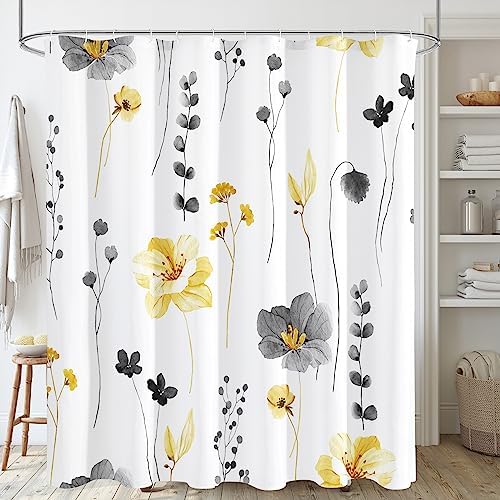 Gibelle Yellow Beige Watercolor Floral Fabric Shower Curtain, 72x78