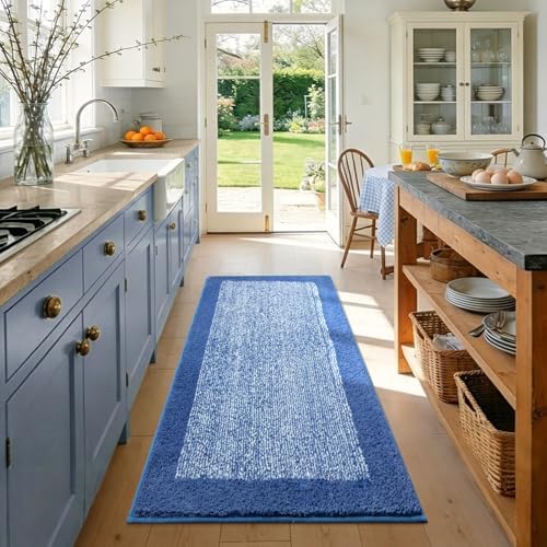 48x24 Long Bathroom Rugs Non Slip Washable, Soft Absorbent Bath Mat Blue