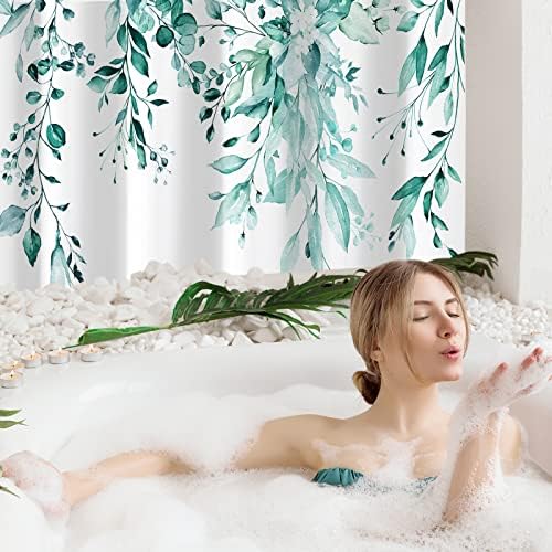 Gibelle Teal Eucalyptus Shower Curtain, Watercolor Floral Print, 60x72