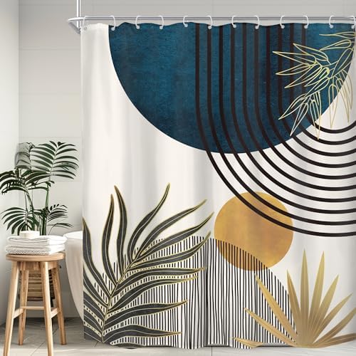 KOMLLEX Mid Century Blue Boho Abstract Modern Bathroom Shower Curtain Set