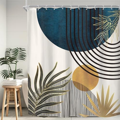 KOMLLEX Mid Century Blue Boho Abstract Modern Bathroom Shower Curtain Set
