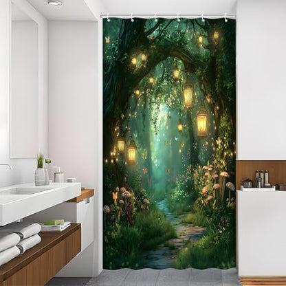 Fantasy Forest Path Shower Curtain Fairy Magical Enchanted Misty Jungle Mushroom Floral Tree Butterfly Lantern Wonderland Bath Curtain Fabric Bathroom Accessories Decor with Hooks 47W x63L