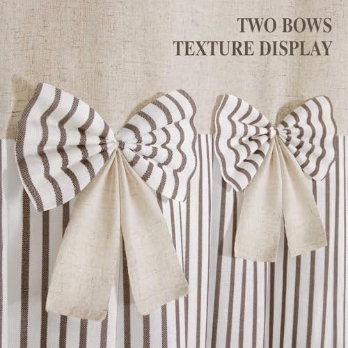 Farmhouse Shower Curtain Linen Bow Pleated Brown Stripe 72"W x 72"L