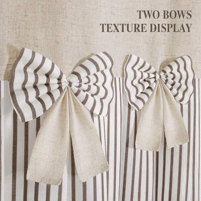 Farmhouse Shower Curtain Linen Bow Pleated Brown Stripe 72"W x 72"L
