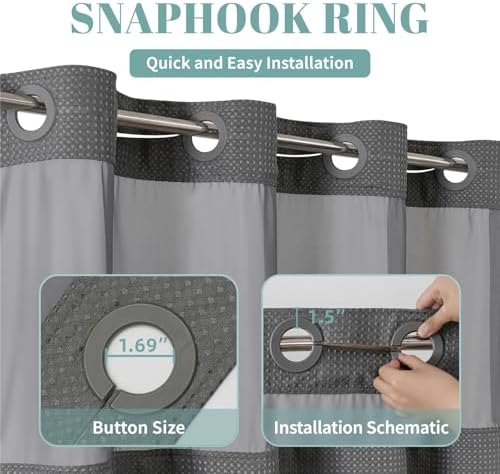 No Hook Waffle Shower Curtain with Snap-in Liner, 60x74 Inch, Charcoal