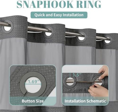 No Hook Waffle Shower Curtain with Snap-in Liner, 60x74 Inch, Charcoal