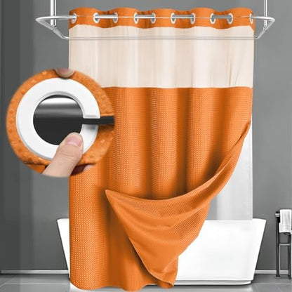 No Hook Shower Curtain with Liner Set Hotel Waffle Curtain Orange 72W X 75L